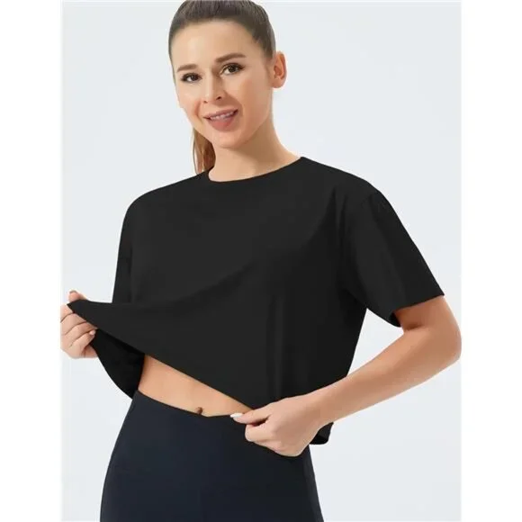 Women's Workout Crop Top T-Shirt Short Sleeve Boxy Running Cropped Basic Tee - Picture 4 of 7